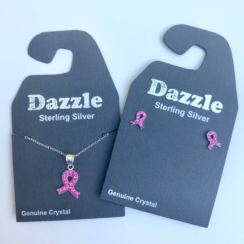 NWT Pink Ribbon Sterling & Crystal ear+pendant set